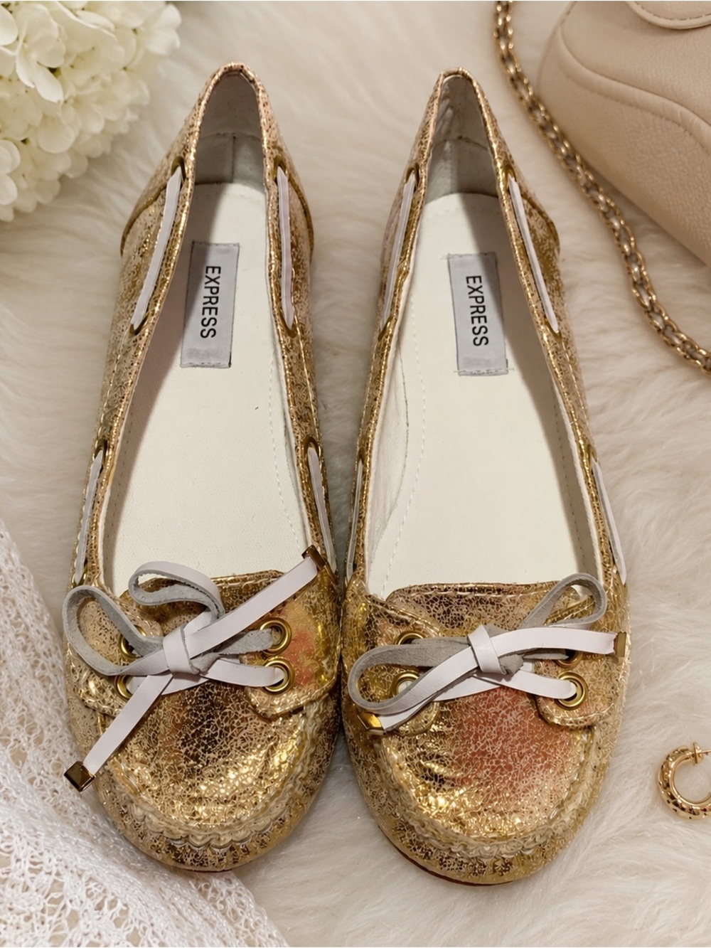 NWOT. Express Metallic Gold Loafers with Bow